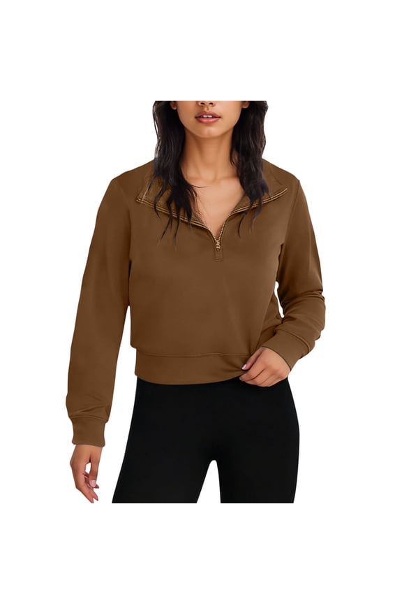 Women's Quarter Zip Pullover Tops, Casual Fitted Crew Neck Long Sleeve Hoodie, Half Zip Sweatshirt Tops, Size: S-2XL