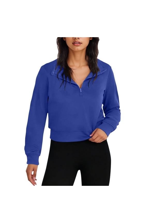 Women's Quarter Zip Pullover Tops, Casual Fitted Crew Neck Long Sleeve Hoodie, Half Zip Sweatshirt Tops, Size: S-2XL