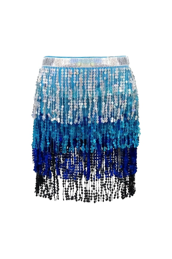 Women's Rainbow Belly Dance Hip Scarf, Dense Sequin and Bead Skirt Wrap Dance Costume, Light Blue,Free Size