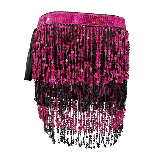 Felirenzacia Women's Rainbow Belly Dance Hip Scarf, Dense Sequin and Bead Skirt Wrap Dance Costume, Watermelon Red,Free Size