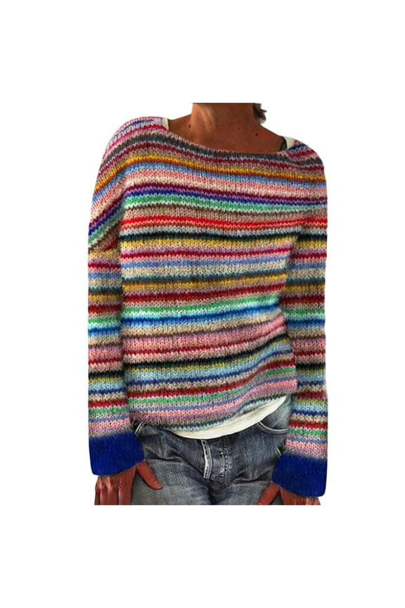 Women’s Rainbow Striped Sweater, Crew Neck Long Sleeve Boho Knitwear, Multicolor Knit Pullover for Fall Winter