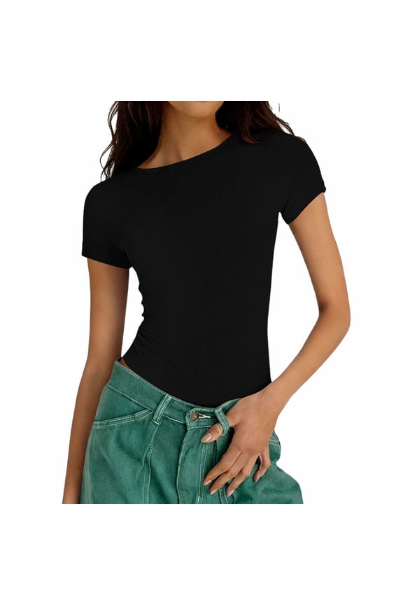 Women's Ribbed Crop Top Short Sleeve Fitted Crew Neck Casual Stretch Cotton Pullover Tee Shirt Top Black,S