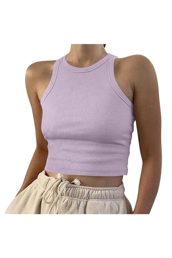 Women's Ribbed Round Neck Tank Top, Athletic Threaded Cropped Sports Tank,Purple,M