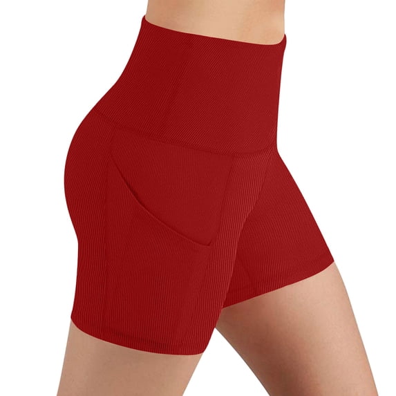 Felirenzacia Women's Ribbed Short Leggings with Side Pockets High Waist Push Up Tummy Control Athletic Yoga Shorts Red,M