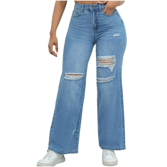 Felirenzacia Women's Ripped Distressed High Rise Straight Leg 90s Vintage Zimbaplatinum Washed Denim Jeans Comfy Everyday Streatwear