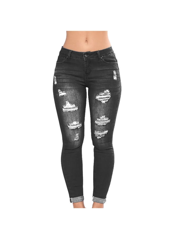 Women’s Ripped Mid Waisted Skinny Jeans, Stretch Denim Slim Fit Butt Lifting Pants, Classic Vintage Washed Denim Mid Rise Jeggings