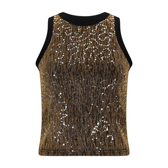 Felirenzacia Women's Round Neck Fitted Sequin Tank Top, Sleeveless Stretchy Cropped Tube Top, Gold,M