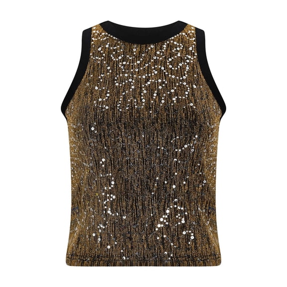 Felirenzacia Women's Round Neck Fitted Sequin Tank Top, Sleeveless Stretchy Cropped Tube Top, Gold,XL