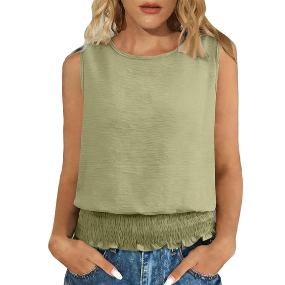 Felirenzacia Women's Round Neck Tank, No Boundaries Casual Cropped Boho Sleeveless Blouse with Cinched Waist,Green,M
