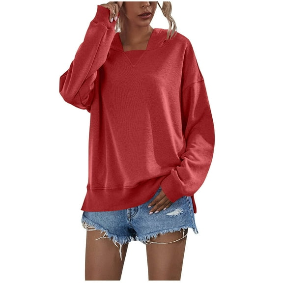 Felirenzacia Women's Round V Neck Hoodie, No Boundaries Loose Off Shoulder Cuffed Pullover Sweatshirt, S-XL