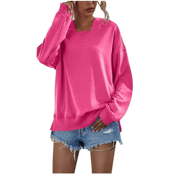 Felirenzacia Women's Round V Neck Hoodie, No Boundaries Loose Off Shoulder Cuffed Pullover Sweatshirt, S-XL
