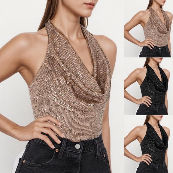 Felirenzacia Women's Sequin Halter Crowl Neck Tank, Sexy Open Back Sleeveless Blouse, Gold,S