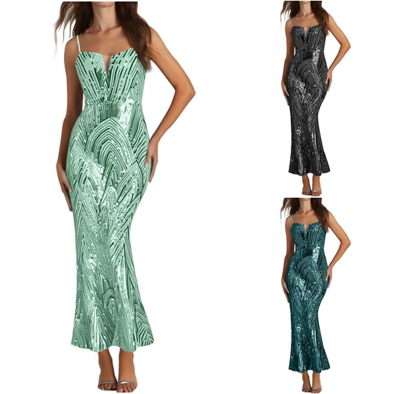 Felirenzacia Women's Sequin Long Dress, Open Back V Neck Spaghetti Strap Backless Maxi Dress for Party, Green,M
