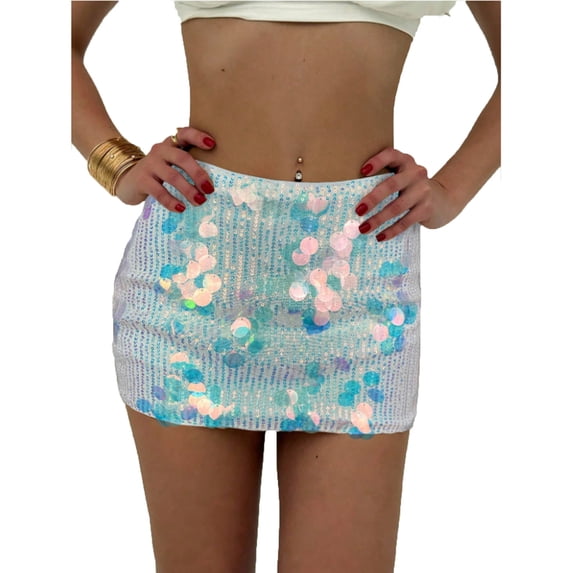 Felirenzacia Women's Sequin Short Bodycon Pencil Mini Skirt Sexy Sparkly Skirt Glitter Shiny Skirt, Sky Blue,S