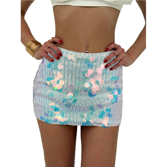 Felirenzacia Women's Sequin Short Bodycon Pencil Mini Skirt Sexy Sparkly Skirt Glitter Shiny Skirt, Sky Blue,XL