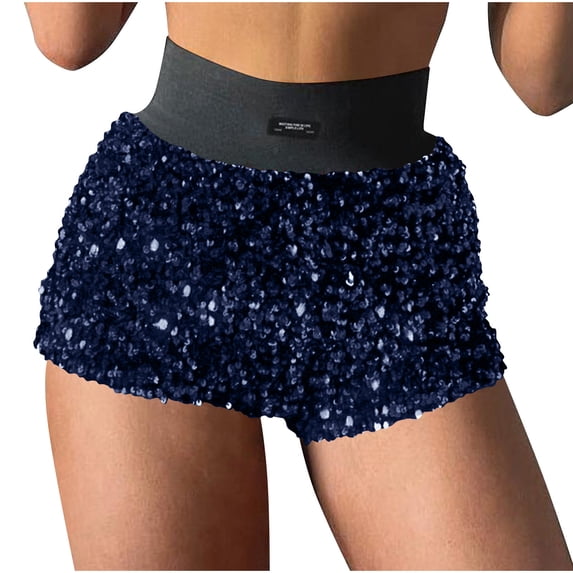 Felirenzacia Women's Sequin Shorts Sparkly Hot Pants Velvet Fully Lined Wide Elastic Waistband Shorts for Party Raves,Blue,L