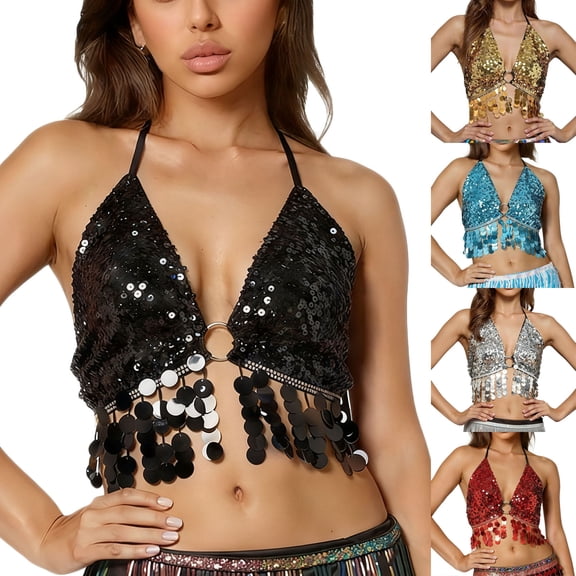 Felirenzacia Women’s Sequin Tassel Camisole Top Sleeveless Sparkly Glitter Fringe Sexy Summer Tank for Party Club Holiday Events, Black,Free Size