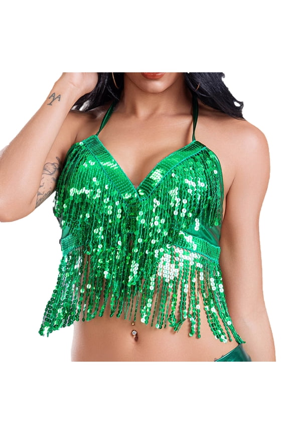 Women's Sequined Tassel Fringe Halter Tank Top, Belly Dance Sparkly Glitter Camisole, Green,Free Size