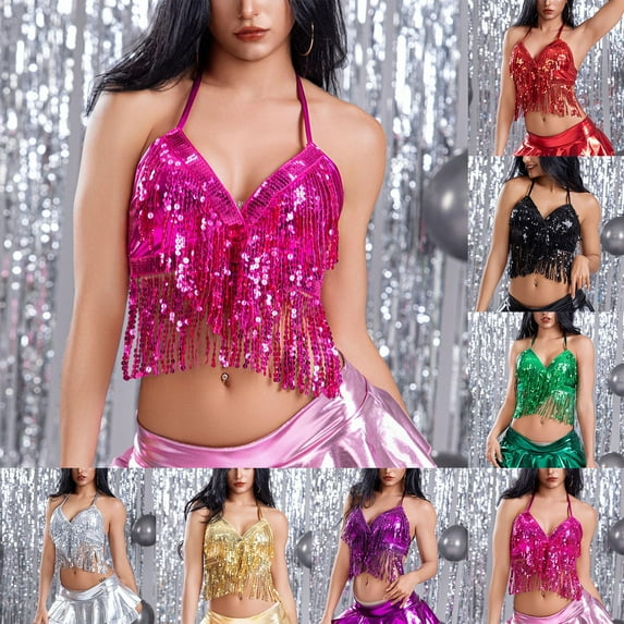 Felirenzacia Women's Sequined Tassel Fringe Halter Tank Top, Belly Dance Sparkly Glitter Camisole, Hot Pink,Free Size