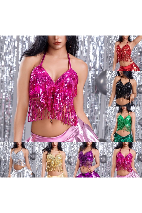Women's Sequined Tassel Fringe Halter Tank Top, Belly Dance Sparkly Glitter Camisole, Hot Pink,Free Size