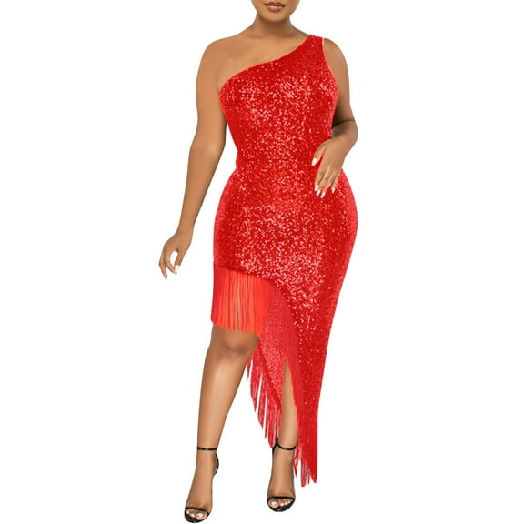 Felirenzacia Women's Sexy Sequined Sleeveless OffShoulder Solid Color Fringe Asymmetric Hem Dress, Red,XL