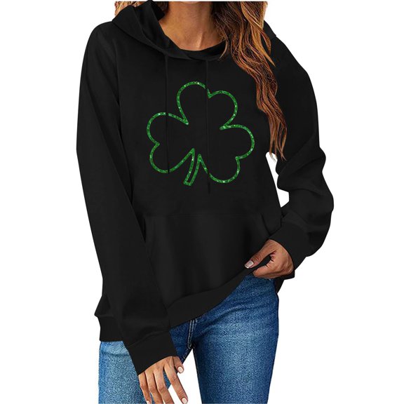 Felirenzacia Women’s Shamrock Hoodie St. Patrick’s Day Festive Pullover Tops Holiday Shirt Cute Clover Print Daily Wear, Black,L