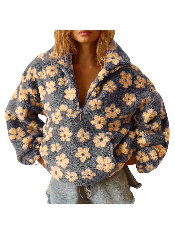 Women's Sherpa Fleeced Half Zip Hoodie, Casual Fluffy Long Sleeve Off Shoulder Pullover Tops, Quarter Zip Fuzzy Tops, Warm Winter Hoodless Layered Sweatshirt