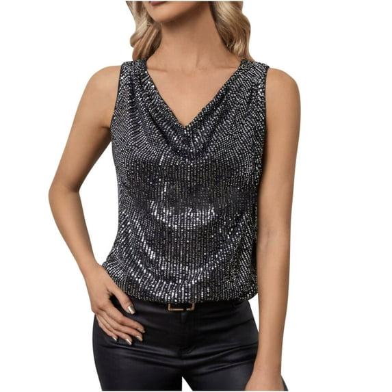 Felirenzacia Women’s Shiny Sequin Sleeveless Tank Top Glitter Crowl Neck Top, Black,S (4)