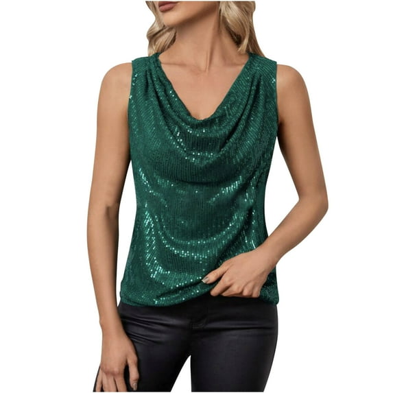 Felirenzacia Women’s Shiny Sequin Sleeveless Tank Top Glitter Crowl Neck Top, Green,S (4)