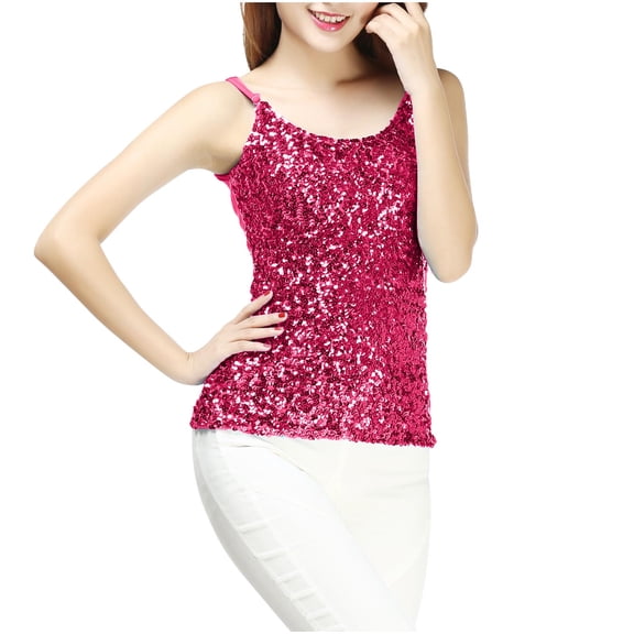 Felirenzacia Women’s Shiny Sequin Sleeveless Tank Top with Adjustable Spaghetti Strap, Glitter Camisole Party Event Holiday Top, Hot Pink,Free Size