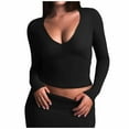 thumbnail image 1 of Felirenzacia Women's Skinny Cropped Yoga Top, Fitted Deep V Neck Long Sleeve High Elastic Pullover Sweatshirt, S-XL, 1 of 5