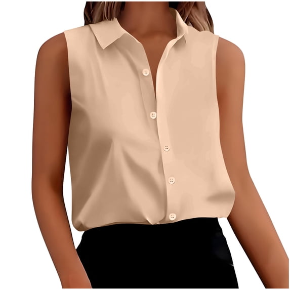 Felirenzacia Women's Sleeveless Button Down Shirts Blouses Solid Casual Basic V Neck Tank Tops for Work,Khaki,M