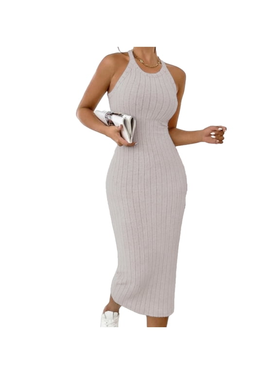 Women's Sleeveless Crochet Knitted Midi Dress, Beach Tank Dresses,Khaki,L