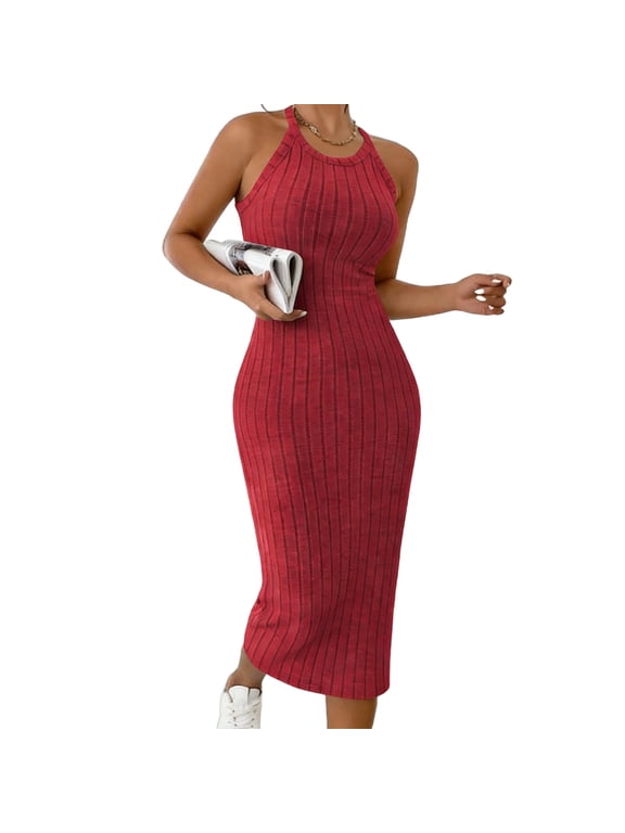 Women's Sleeveless Crochet Knitted Midi Dress, Beach Tank Dresses,Red,L