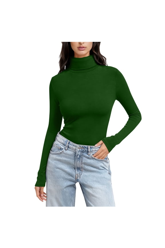 Women's Slim Fit Undershirts, Turtleneck Long Sleeve Fitted Sweatshirts, Solid Color Pullover for Fall, S-3XL