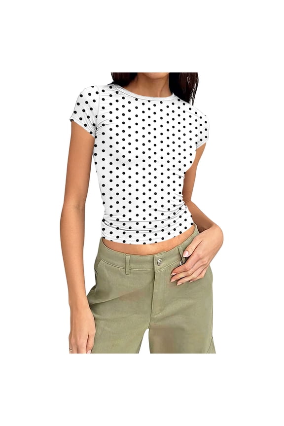 Women's Slim Fitted Short Sleeve T Shirt Polka Dots Summer Tee Tops White,M