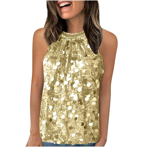 Felirenzacia Women's Solid Color Round Neck Pullover Sequined Casual, Yellow,L