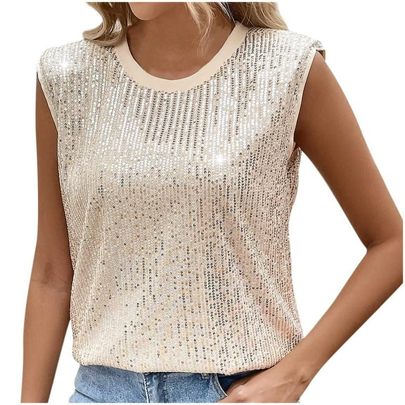 Felirenzacia Women's Sparkly Sequin Sleeveless Tee, Glitter Crew Neck Tube Tank Loose Wide Strap Top, Beige,M