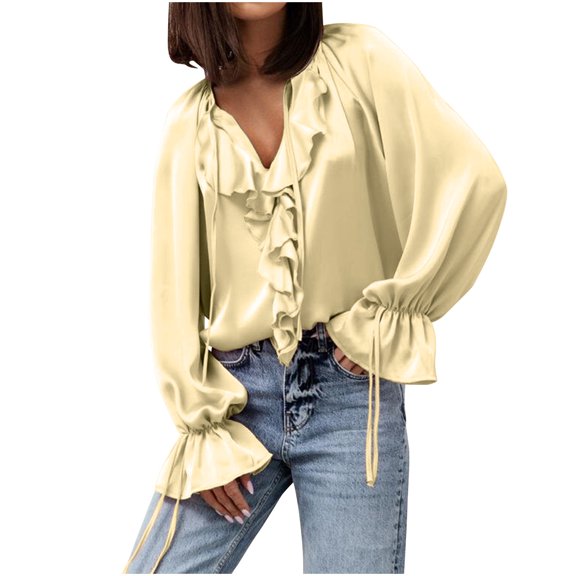 Felirenzacia Women's Dressy Ruffle Blouse Boho Tie Blouse Long Sleeve Casual Satin Loose Fit Shirt