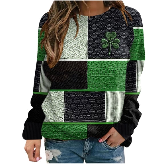 Felirenzacia Women’s St. Paddy Sweatshirt Festive Shamrock Print Long Sleeve Casual Holiday Shirt, Multicolor,3XL