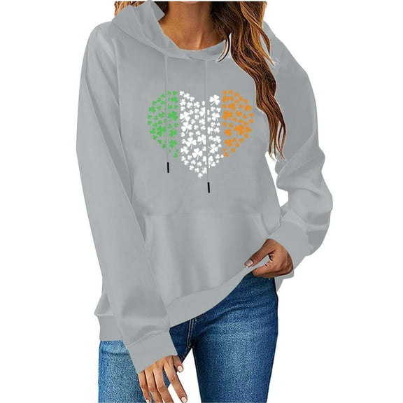Felirenzacia Women’s St. Patrick Hoodie with Lucky Shamrock Graphic Cozy Casual Pullover Sweatshirt, Gray,L