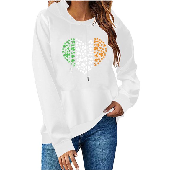 Felirenzacia Women’s St. Patrick Hoodie with Lucky Shamrock Graphic Cozy Casual Pullover Sweatshirt, White,L