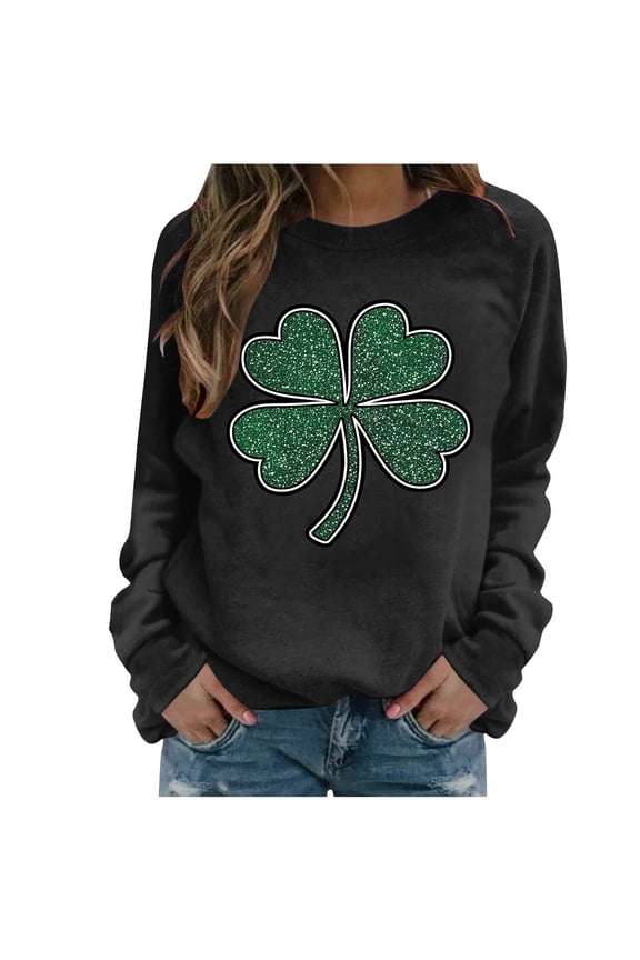 Women’s St. Patrick Sweatshirt Holiday Clover Graphic Cozy Seasonal Everyday Pullover, Black,L