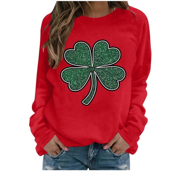 Felirenzacia Women’s St. Patrick Sweatshirt Holiday Clover Graphic Cozy Seasonal Everyday Pullover, Red,L