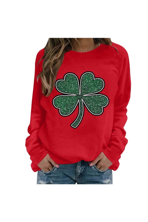 Women’s St. Patrick Sweatshirt Holiday Clover Graphic Cozy Seasonal Everyday Pullover, Red,XL