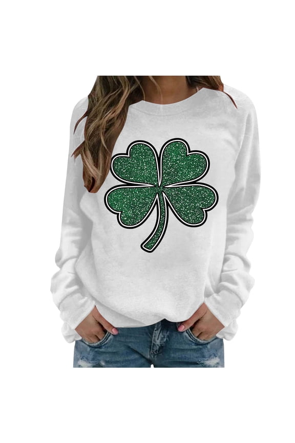 Women’s St. Patrick Sweatshirt Holiday Clover Graphic Cozy Seasonal Everyday Pullover, White,2XL
