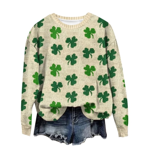 Felirenzacia Women’s St. Patrick Sweatshirt Lucky Clover Graphic Casual Pullover Top for Holiday Wear, Multicolor,L