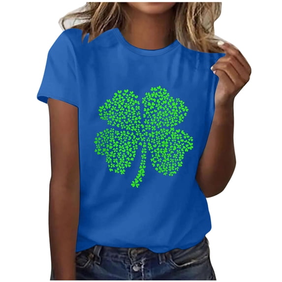 Felirenzacia Women's St. Patrick's Day Heart Shamrock Graphic T-Shirt Casual Crew Neck Short Sleeve Tee Blue,3XL