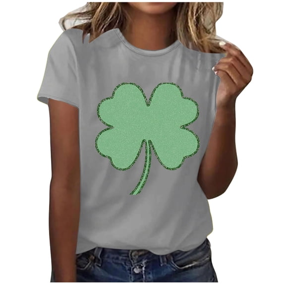 Felirenzacia Women's St. Patrick's Day Heart Shamrock Graphic T-Shirt Casual Crew Neck Short Sleeve Tee Gray,S