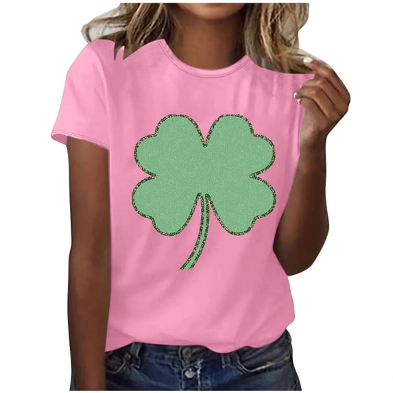 Felirenzacia Women's St. Patrick's Day Heart Shamrock Graphic T-Shirt Casual Crew Neck Short Sleeve Tee Pink,2XL